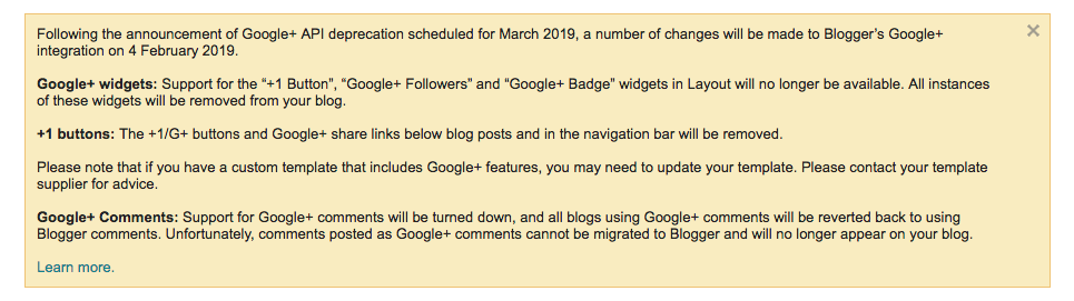 Google+ API deprecation update in Blogger message.png