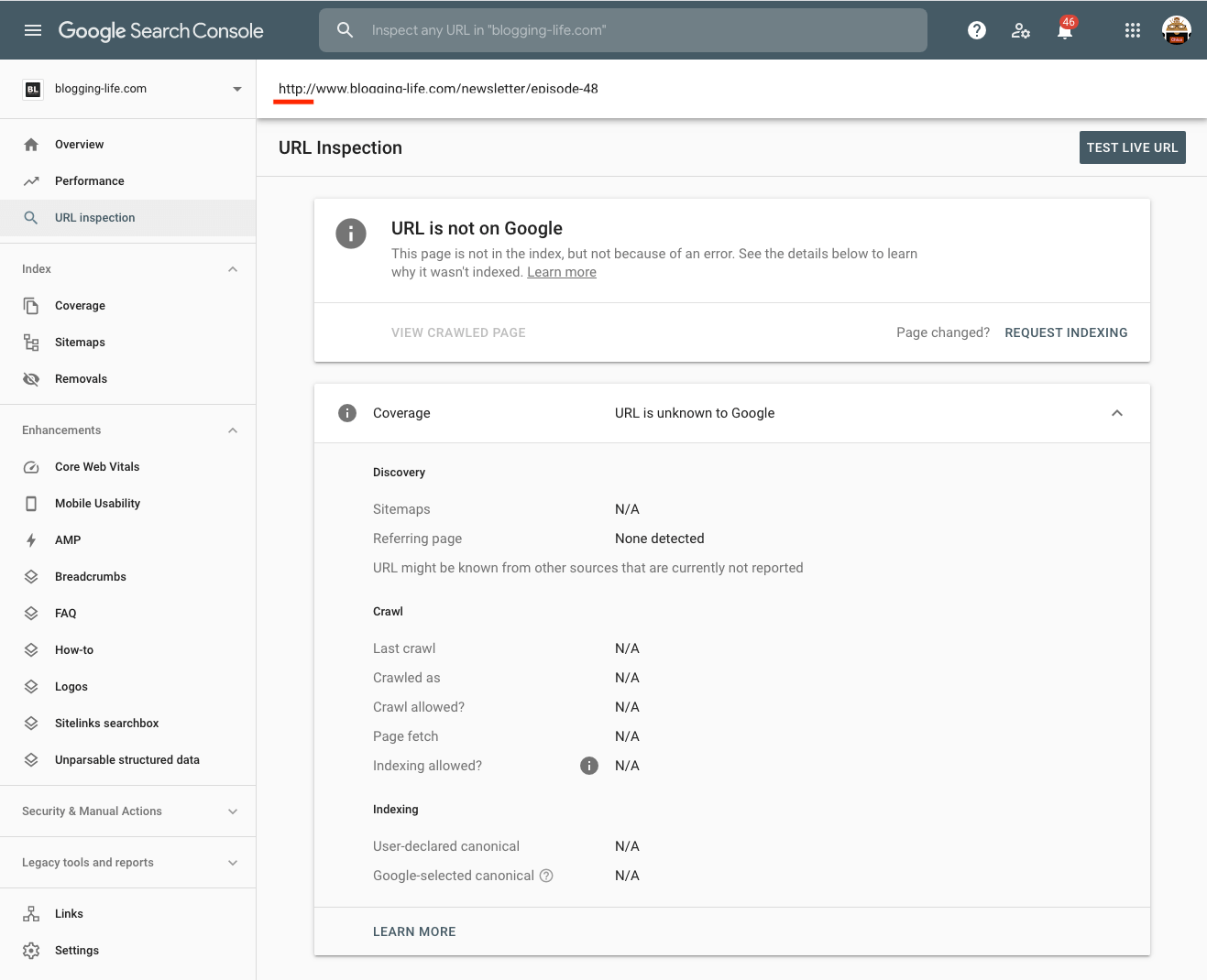 Search Console URL inspection tool test result shows unindexed.png